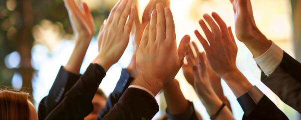 Group of individuals raising their hands enthusiastically.