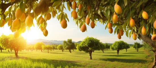 The luscious mango tree is adorned with ripe fruits dangling from its sturdy branches, showcasing a bountiful harvest and vibrant colors - obrazy, fototapety, plakaty