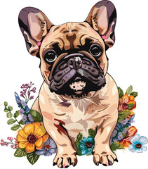 floral French Bulldog Flowers blooming Vector Illustration