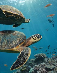 Obraz premium Two sea turtles elegantly swim over colorful coral reef in crystal-clear waters, beauty marine life