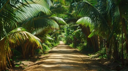 Dirt road surrounded by palm trees, perfect for travel blogs - Powered by Adobe