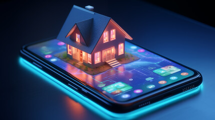 A small illuminated blue model of a house on screen of a smartphone, depicting the concept of smart home automation. Advanced connectivity and technology for residential control.