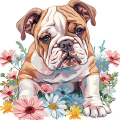 Bulldog Vintage Flowers Artistic blooming Vector Illustration