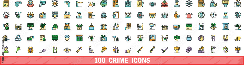 Wall mural 100 crime icons set. color line set of crime vector icons thin line color flat on white - Wall murals