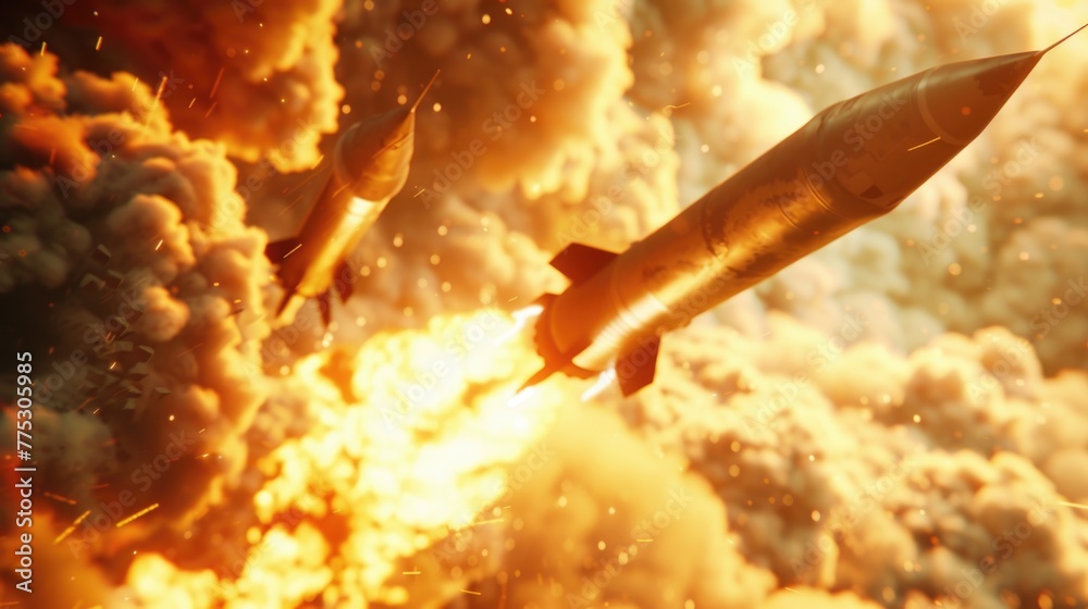Poster A close up of a rocket flying through the air. Perfect for science and technology concepts