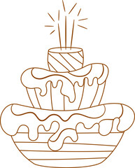 Hand draw sweet chocolate birthday cake with sparklers isolated on white background. Cute vector illustration. Line art and Doodle style. Cake icon. Celebration, party.Coloring book.
