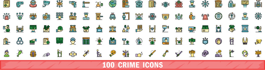 100 crime icons set. Color line set of crime vector icons thin line color flat on white - obrazy, fototapety, plakaty