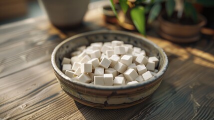 A bowl filled with cubes of sugar on a rustic wooden table, perfect for food and beverage concepts