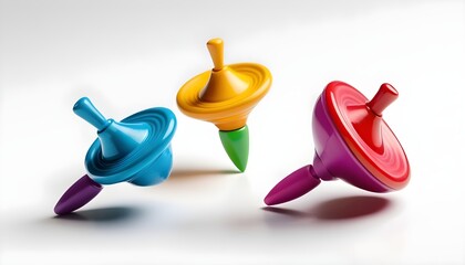 Three colorful spinning tops on white background