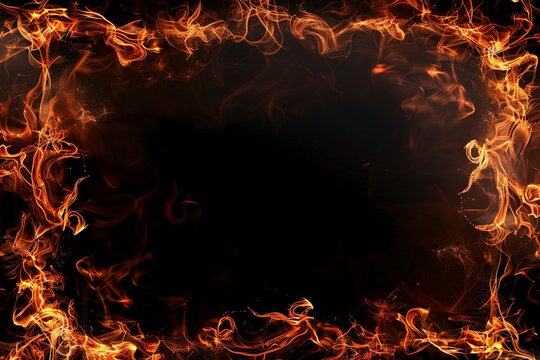 An ornate frame crafted from swirling flames, enclosing a blank canvas against a deep black background