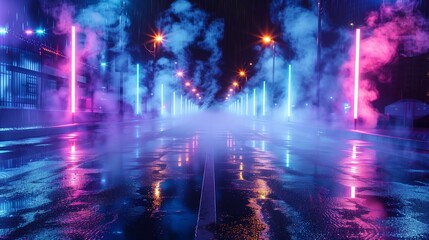 A captivating scene of wet asphalt under the glow of neon lights, weave through the air, adding a mysterious depth to the night.