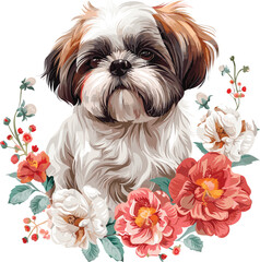 Shih Tzu Dog Vintage Flowers Artistic blooming Vector Illustration