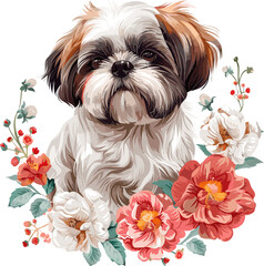 Shih Tzu Dog Vintage Flowers Artistic blooming Vector Illustration