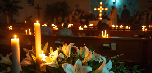 a calm picture of a Good Friday church service lighted by candles, with worshipers bowing their heads in prayer in front of a cross covered in lilies to symbolize the day's gravity.