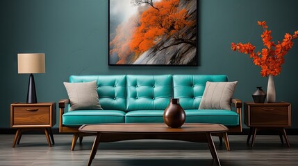 A blue couch and a coffee table are in a room with a large painting on the wall. The couch is covered in pillows and a vase is on the table. The room has a modern and stylish feel to it
