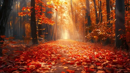 Schilderijen op glas Vivid autumn forest scene  path with fallen leaves, soft sunlight, realistic textures © RECARTFRAME CH