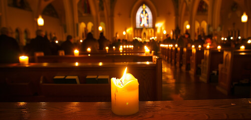 An eerie picture of a candlelit Good Friday prayer vigil at a church, with people gathered in silent contemplation and reflection, turning to prayer and meditation as a means of finding comfort and sp - obrazy, fototapety, plakaty