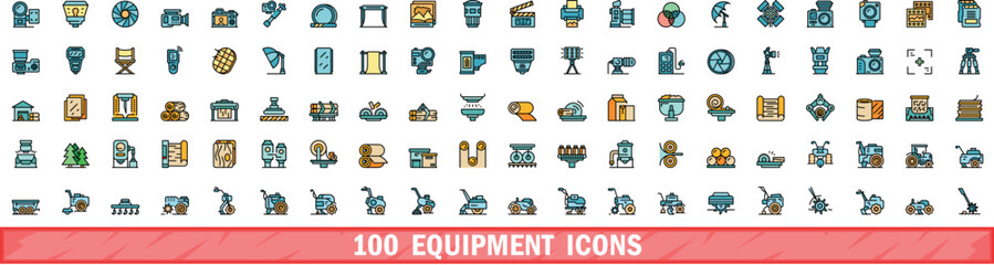 100 equipment icons set. Color line set of equipment vector icons thin line color flat on white - obrazy, fototapety, plakaty