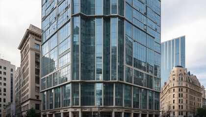 A tall building with numerous windows stands proudly on the corner, its facade adorned with glass panels, creating a symmetrical appearance in the city skyline
