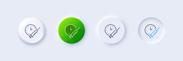 Vaccination schedule line icon. Neumorphic, Green gradient, 3d pin buttons. Vaccine syringe sign. Second injection time symbol. Line icons. Neumorphic buttons with outline signs. Vector - obrazy, fototapety, plakaty