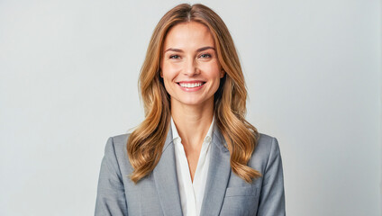 beautiful woman in business wearing an elegant suit smiling while looking at the camera on a clean background