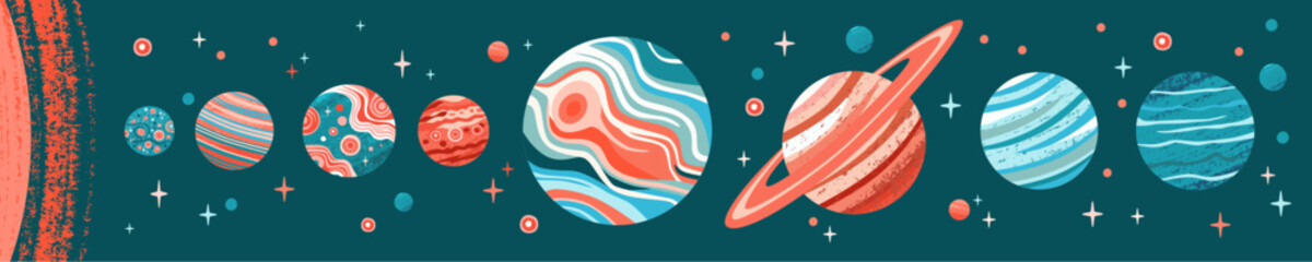 Planets of solar system of different sizes in schematic abstract style with textures in blue-red colors in order of distance from Sun on dark starry sky. Cute vector illustration in flat style. - obrazy, fototapety, plakaty