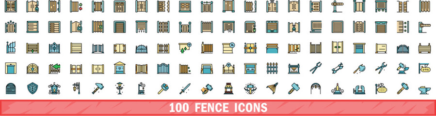 100 fence icons set. Color line set of fence vector icons thin line color flat on white - obrazy, fototapety, plakaty