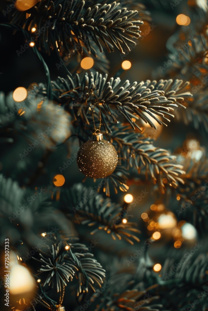 Aufkleber a close up view of a christmas tree with twinkling lights in the background. perfect for holiday con