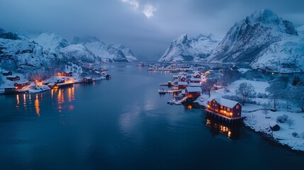   A sizable water expanse with numerous residences on the coastline and considerable snowfall on the peaks - obrazy, fototapety, plakaty