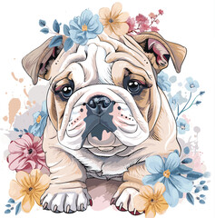 Bulldog Vintage Flowers Artistic blooming Vector Illustration