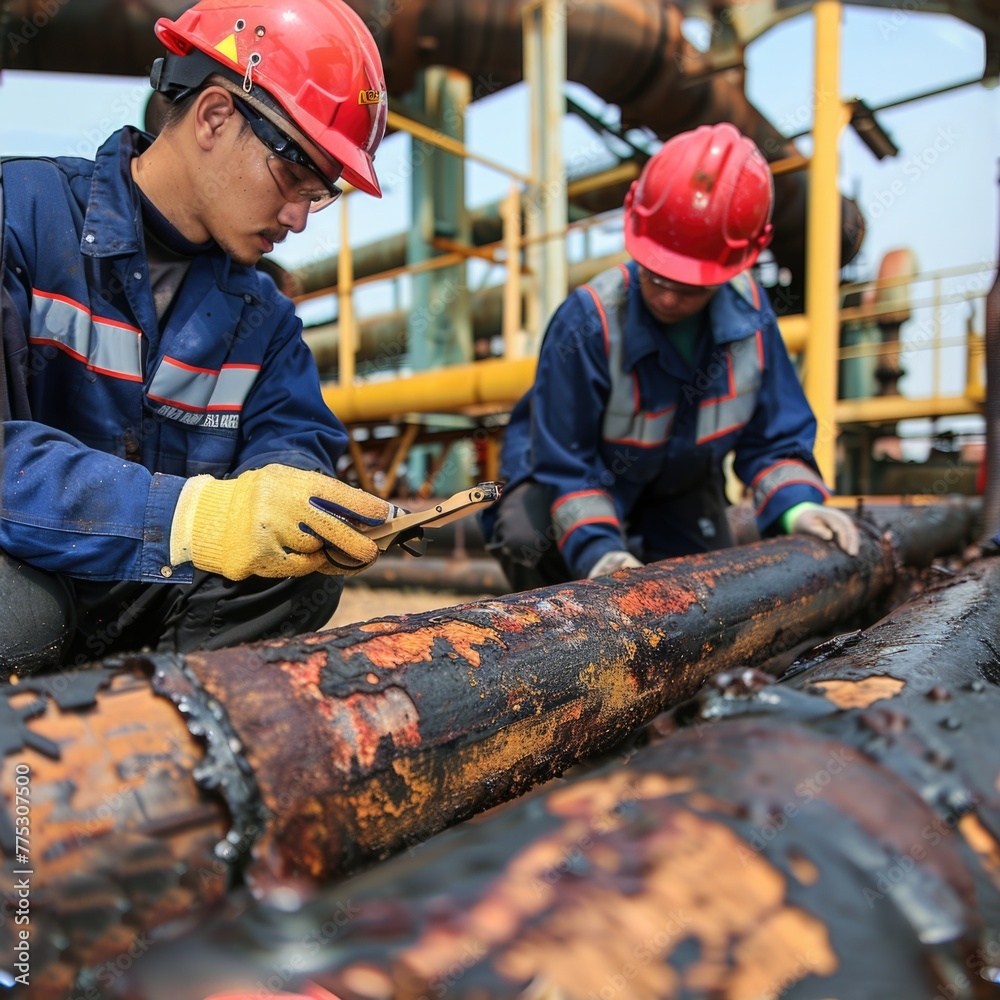 Aufkleber two men in hard hats working on pipes. suitable for construction and engineering concepts