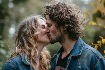 A man and a woman are kissing in the woods