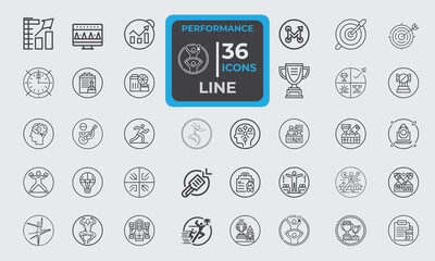 36 Line Icons for Performance  set in editable stroke. Vector illustration.