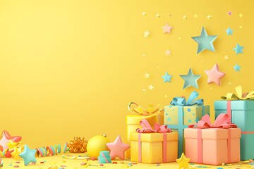 composition of different birthday present boxes on yellow background with stars, gift greeting card with copy space, happy birthday wallpaper