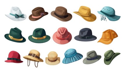Collection of different hats on a plain white backdrop, perfect for fashion or accessories concepts