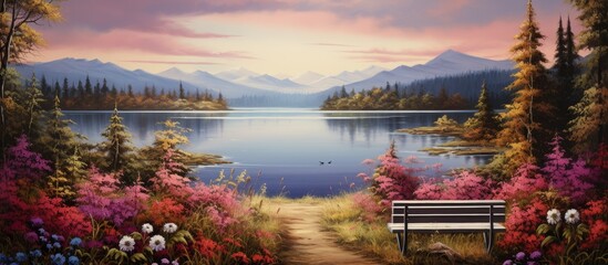 A wooden bench surrounded by colorful flowers in a peaceful garden overlooking a tranquil lake