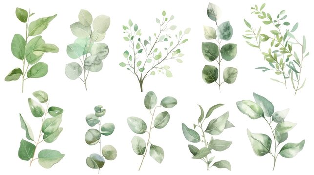 A collection of watercolor green leaves and branches. Perfect for nature-themed designs