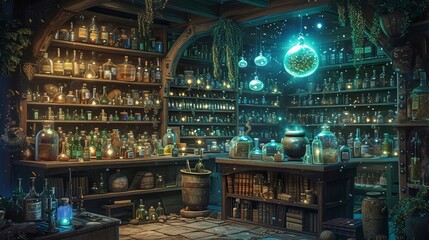 Fototapeta premium An alchemist's haven of bubbling cauldrons and mystical potions under the soft glow of faerie lights.