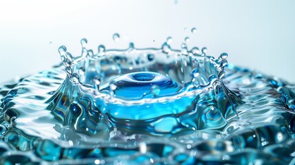 A close-up, macro image of a water droplet midway through  dispersing into myriad smaller droplets.