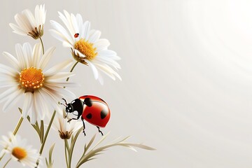 Obraz premium Stylish postcard and banner with daisies and ladybugs on isolated white background with copy space. Beautiful chamomiles and ladybirds.