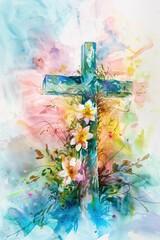 A beautiful watercolor painting of a cross adorned with flowers. Ideal for religious themes or spiritual concepts