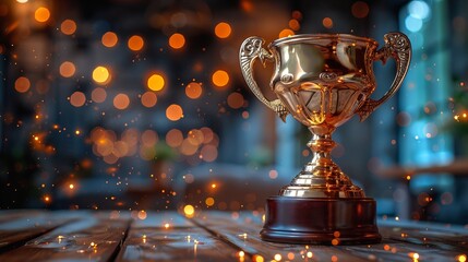 Trophy captured in a low key image on a wooden table against a dark background, accentuated by abstract shiny lights.
