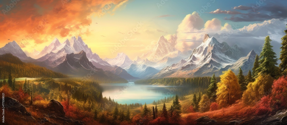 Wall mural a serene mountain lake surrounded by lush green trees and majestic mountains in the background, crea