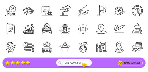 Fuel price, Delivery calendar and Petrol station line icons for web app. Pack of Destination flag, Training results, Airplane pictogram icons. Backpack, Delivery service, Cardboard box signs. Vector
