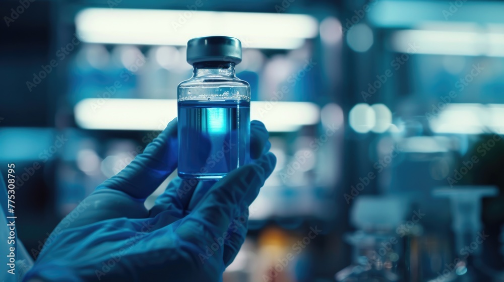 Poster a person holding a bottle of liquid in a laboratory. ideal for science and research concepts