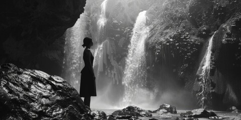 A woman standing in front of a majestic waterfall, perfect for nature and travel themes