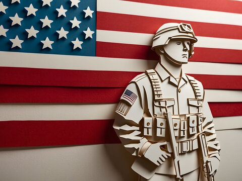 A paper cutout of an American soldier standing before the American flag. Create stunning paper art illustrations! Memorial Day. 4th of July. Veterans Day design.