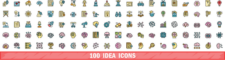 100 idea icons set. Color line set of idea vector icons thin line color flat on white - 775309144