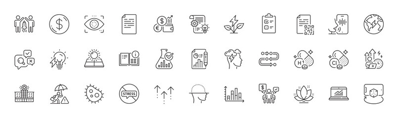 Fototapeta premium Risk management, Bacteria and Augmented reality line icons. Pack of Cogwheel, Vitamin h1, Lotus icon. Swipe up, Eco power, Eye detect pictogram. Difficult stress, Qr code, Teamwork. Line icons. Vector