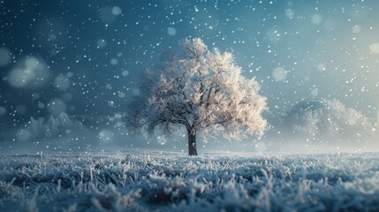 Winter morning scene  lone tree in frozen field with snowflakes, photorealistic backlit, cold hues - obrazy, fototapety, plakaty